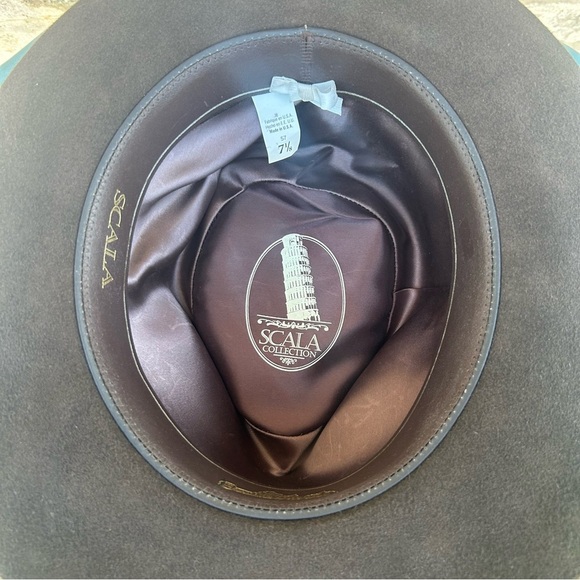 Scala Genuine Fur Felt Fedora Hat 7 1/8(57cm)Made in USA Classic Brown w/Feather - Picture 7 of 14